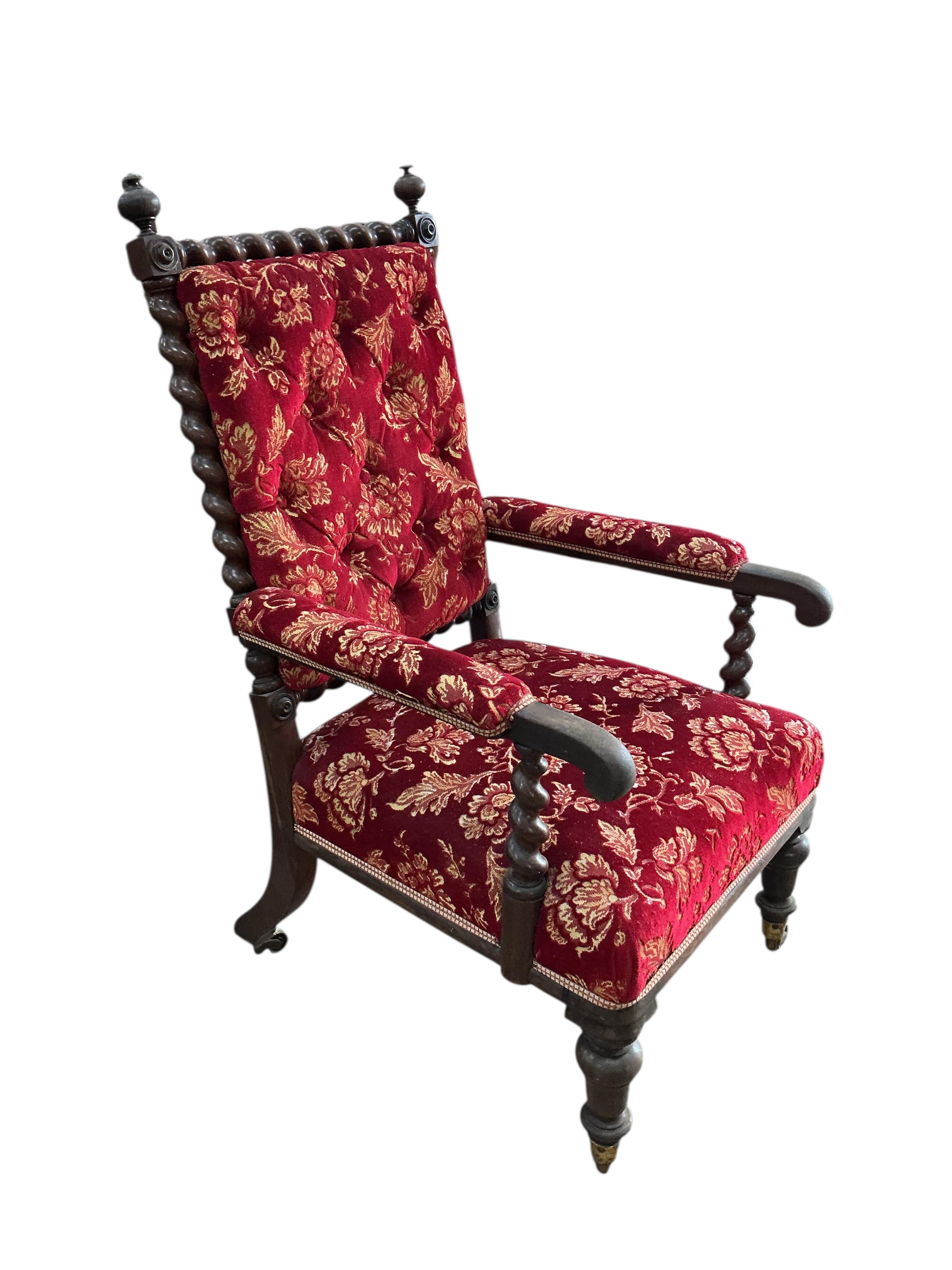 A Victorian upholstered armchair with spiral turned frame, width 60cm, depth 60cm, height 108cm